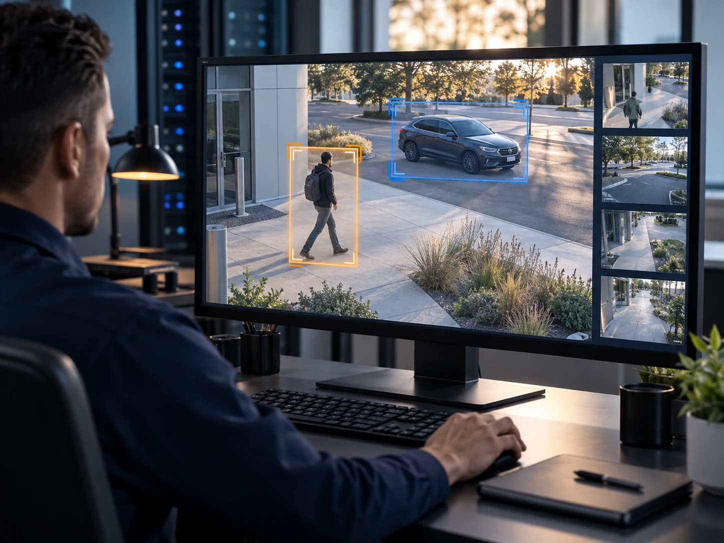 AI analytics: A man watches a screen where a pedestrian and a car are marked with orange and blue tracking boxes.