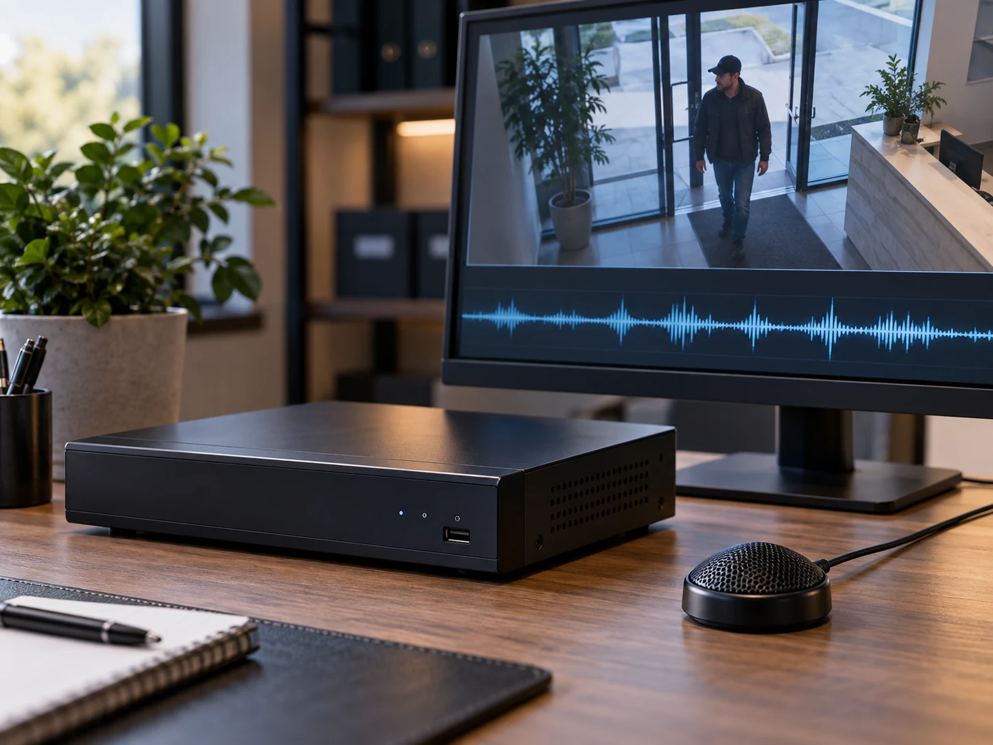 Feature illustration: Security recorder and a small compatible external microphone on a desk, monitor with a subtle recorded audio waveform beneath a video scene