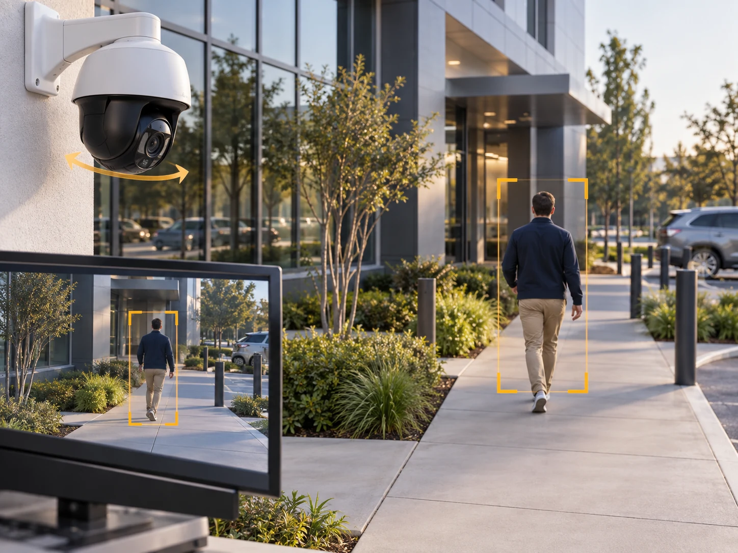 Auto tracking: A PTZ camera follows a man walking along a sidewalk while a monitor highlights him with a yellow box.