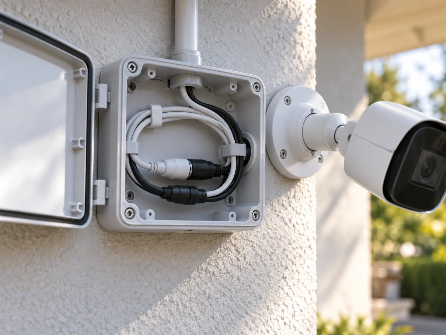 Feature illustration: Open camera junction box with cables routed neatly inside and a camera mounting base nearby, no exposed unsafe connections