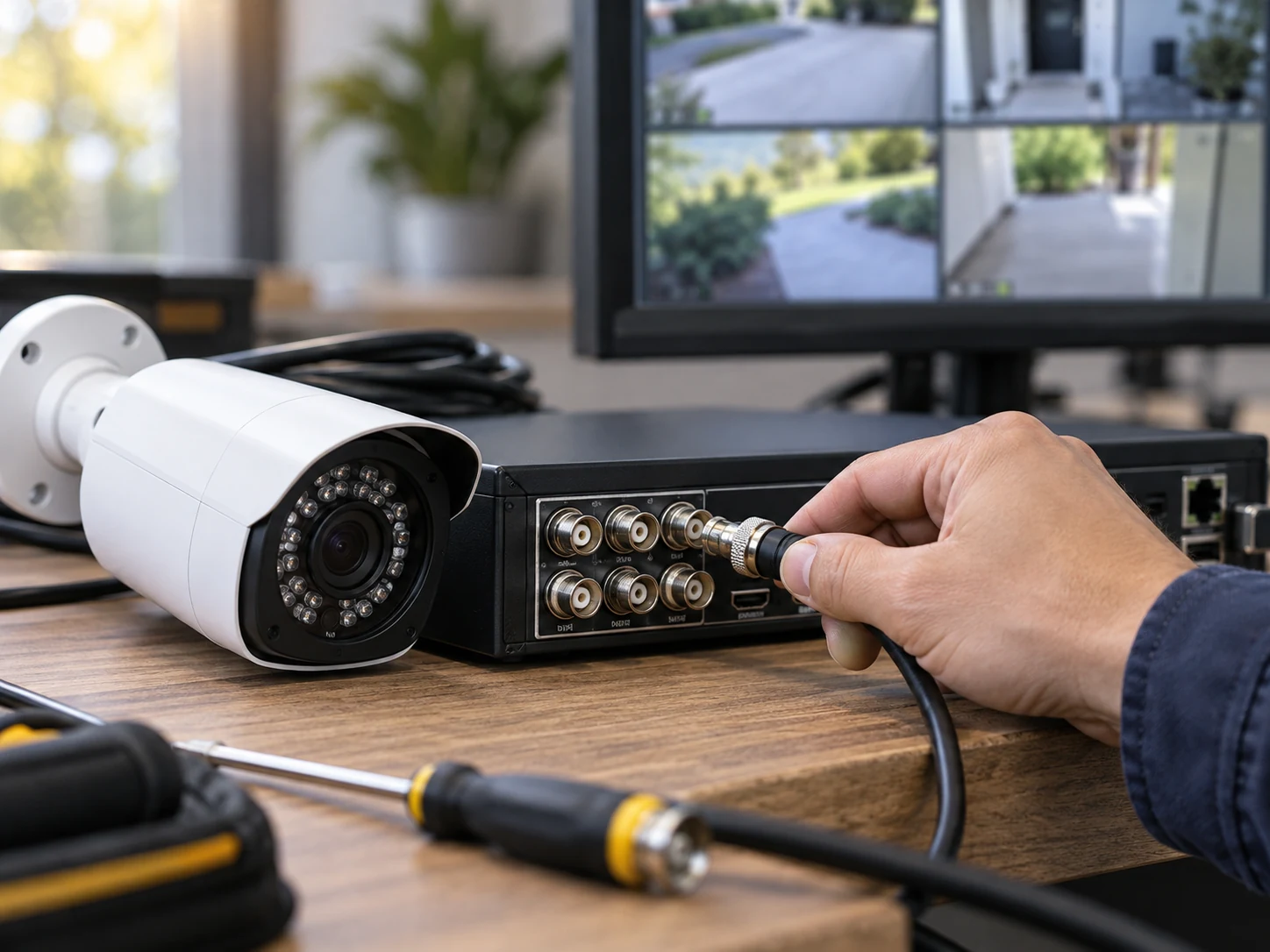 Feature illustration: Technician connecting a real BNC coax plug to the coax input of an unbranded security DVR beside a compatible bullet camera, crisp connector detail, no Ethernet substitution