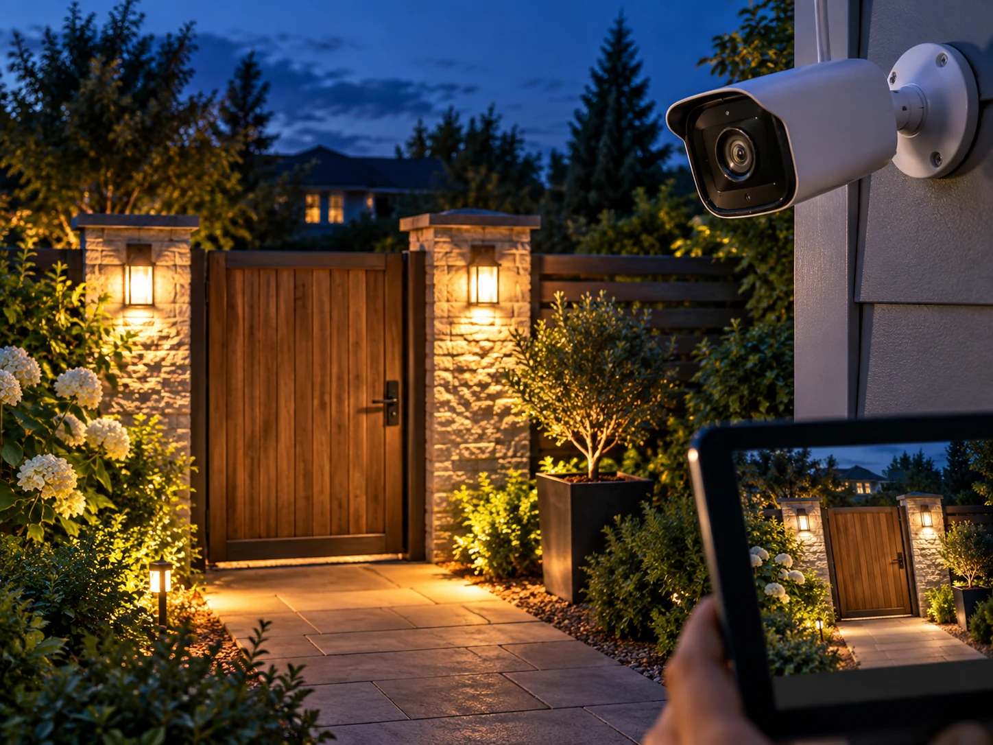 Feature illustration: Camera watching a garden gate at blue hour with warm white supplemental lighting, vivid natural colors and realistic night ambience