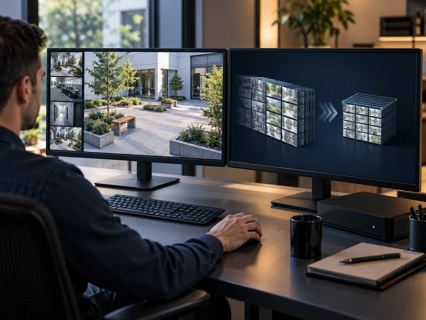 Video compression: One screen shows a live courtyard feed while the other shows data blocks shrinking to save storage.