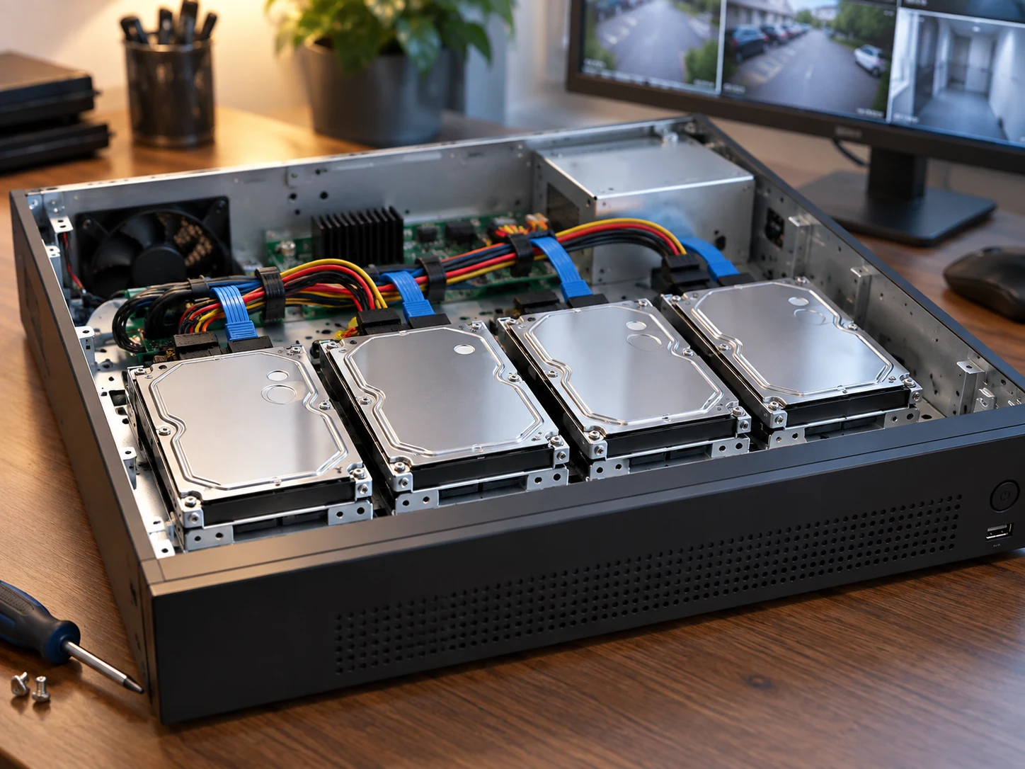 Feature illustration: Surveillance recorder with its lid removed revealing orderly hard-drive bays and SATA cabling, realistic metal chassis and no invented motherboard text