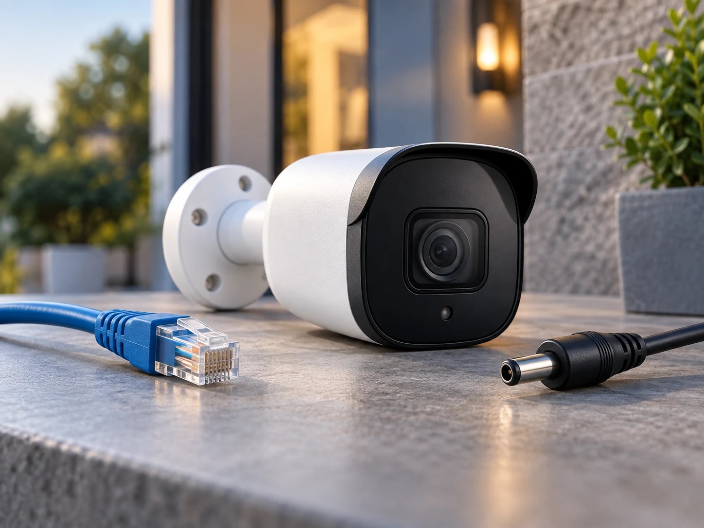 Feature illustration: Security camera beside two neatly arranged alternative power connections, Ethernet plug and low-voltage barrel lead, both clearly shown separately