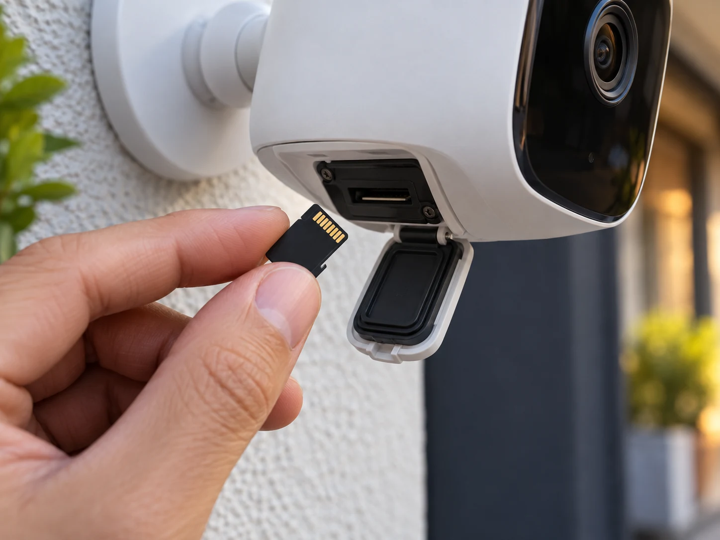 Feature illustration: Macro of a microSD card next to the weather-sealed service hatch of a compact security camera, clear small form factor with no capacity text