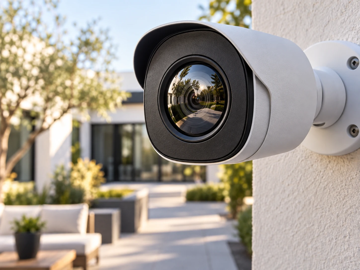 Feature illustration: Close-up of a compact fixed security-camera lens with clean optical glass, a broad courtyard softly reflected in the lens