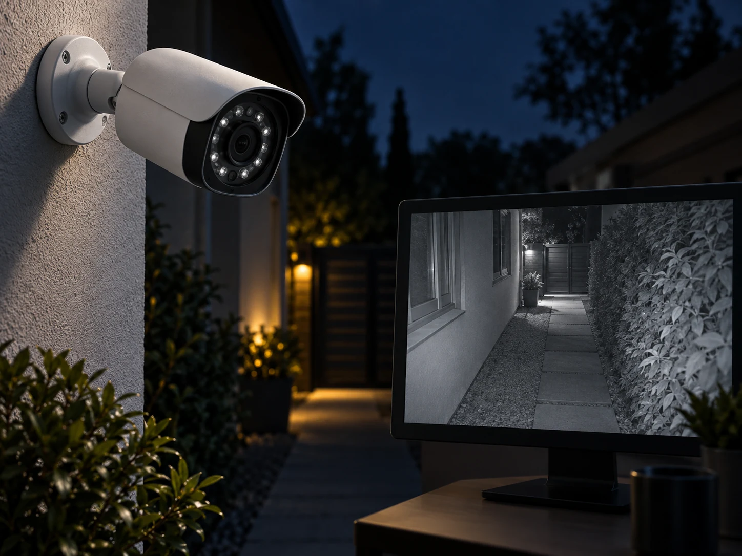 Infrared night vision: A wall-mounted camera at dusk beside a monitor showing a clear black-and-white view of a side path.