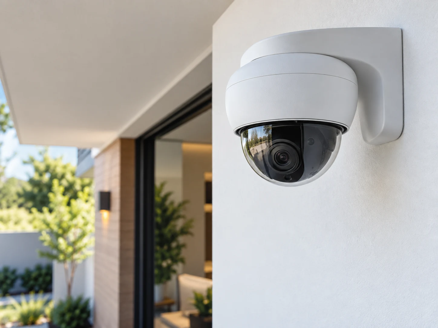 Feature illustration: Clean installed dome camera and matching mount on a finished white wall, cohesive fit and tidy architectural detail