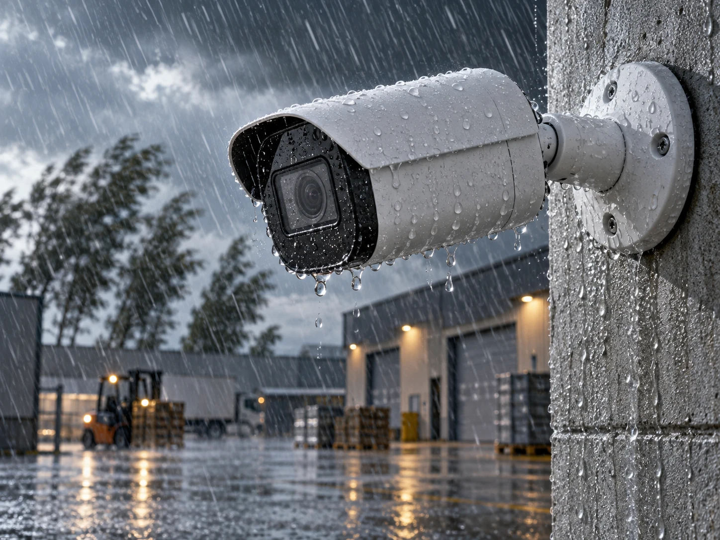 Feature illustration: Outdoor bullet security camera weathering driving rain above a windblown industrial courtyard, droplets frozen in side light