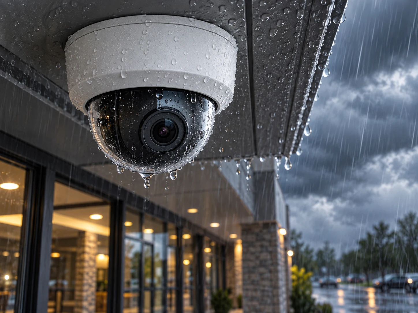 Feature illustration: White dome security camera fixed beneath an exterior soffit, rain streaks and crisp water droplets, approaching storm beyond a commercial entrance