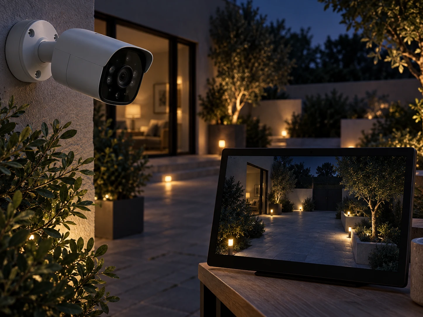 Low-light: A wall-mounted security camera beside a tablet showing a clear night view of a softly lit courtyard.