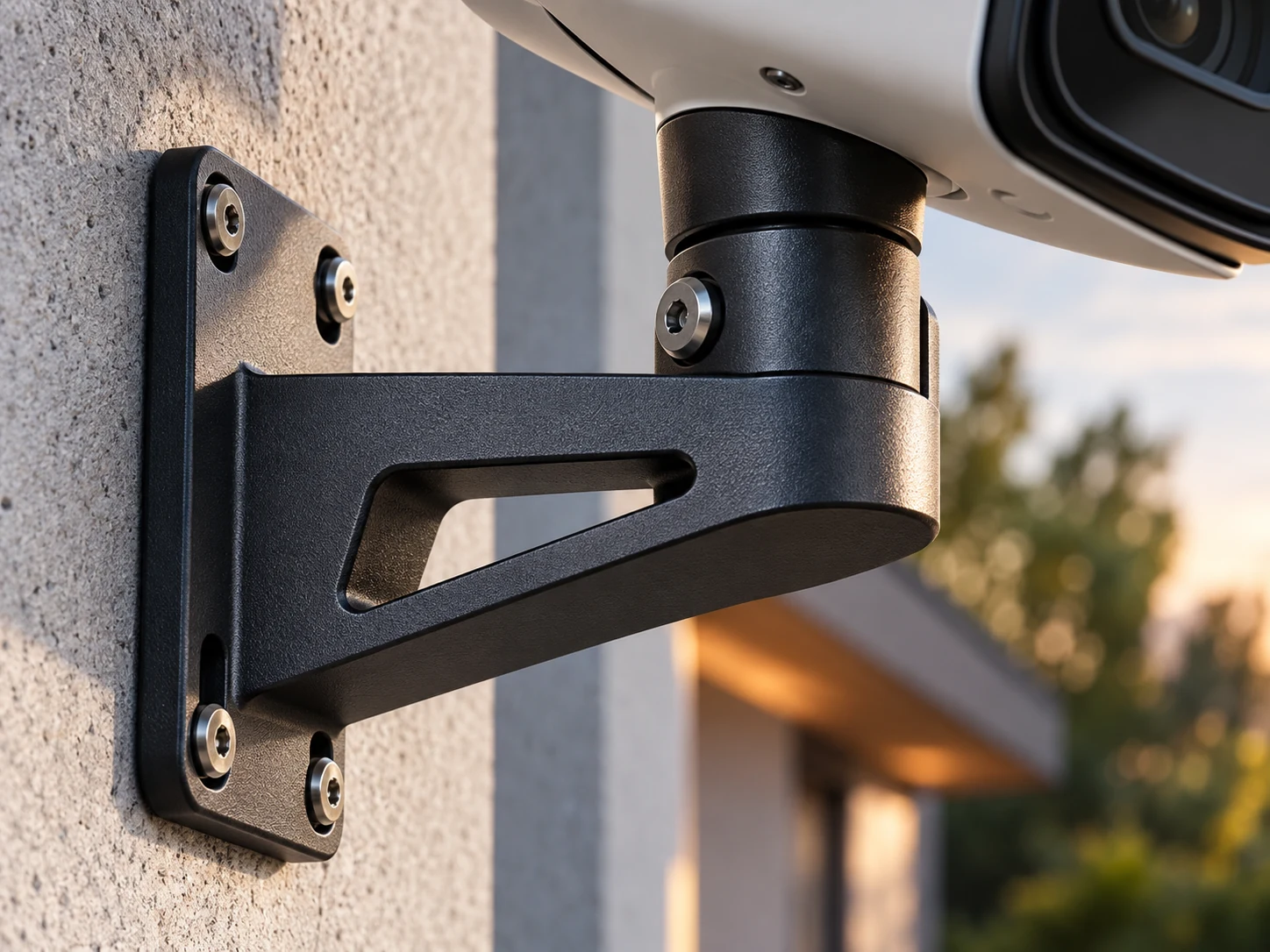Feature illustration: Macro of a powder-coated metal camera mounting bracket with machined edges and sturdy mounting holes, crisp studio material photography