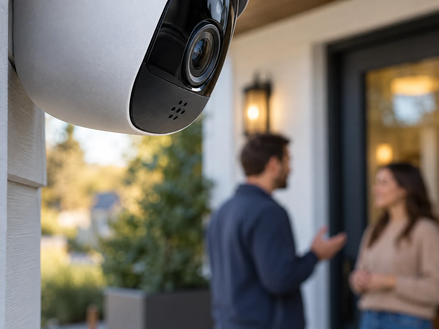 Feature illustration: Macro of the small microphone opening in a security camera body, nearby human conversation softly out of focus, no exposed giant microphone