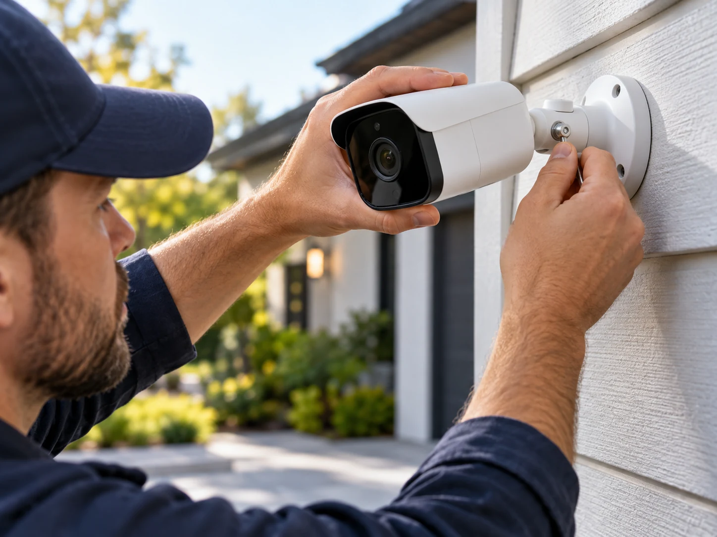 Feature illustration: Installer carefully setting the angle of a camera on a swivel mount, secure adjustment screw and clear geometry