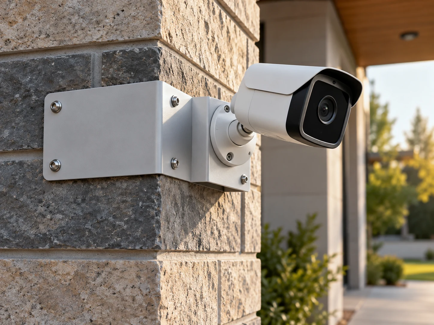 Feature illustration: Camera corner bracket secured across two masonry faces, clean corner geometry with a camera facing outward