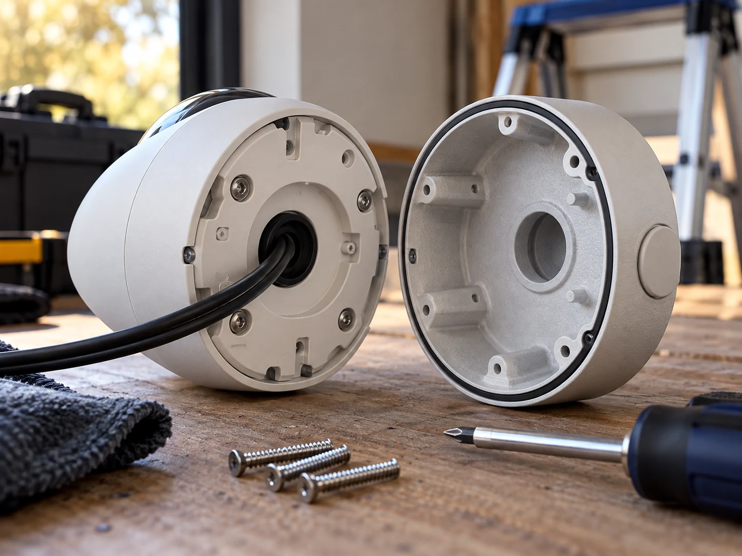 Feature illustration: Camera mounting base and matching junction box aligned on an installation bench, exact mating surfaces and screw holes emphasized