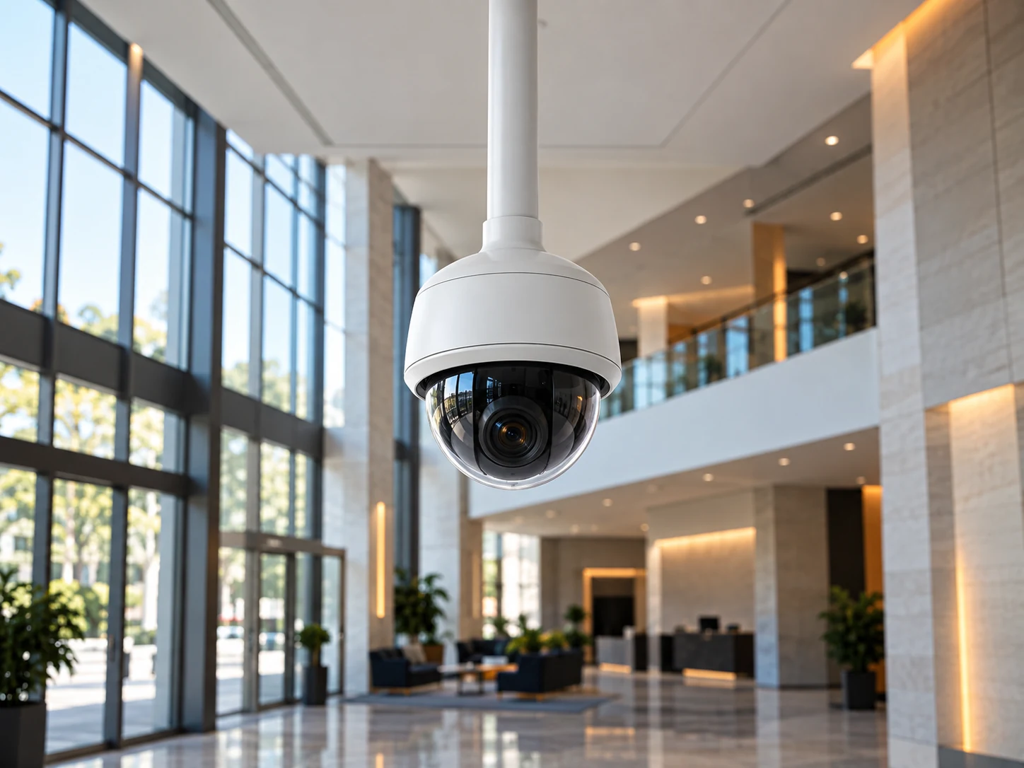 Feature illustration: Dome camera suspended vertically from a neat ceiling pendant tube in a high-ceiling lobby, believable mounting geometry