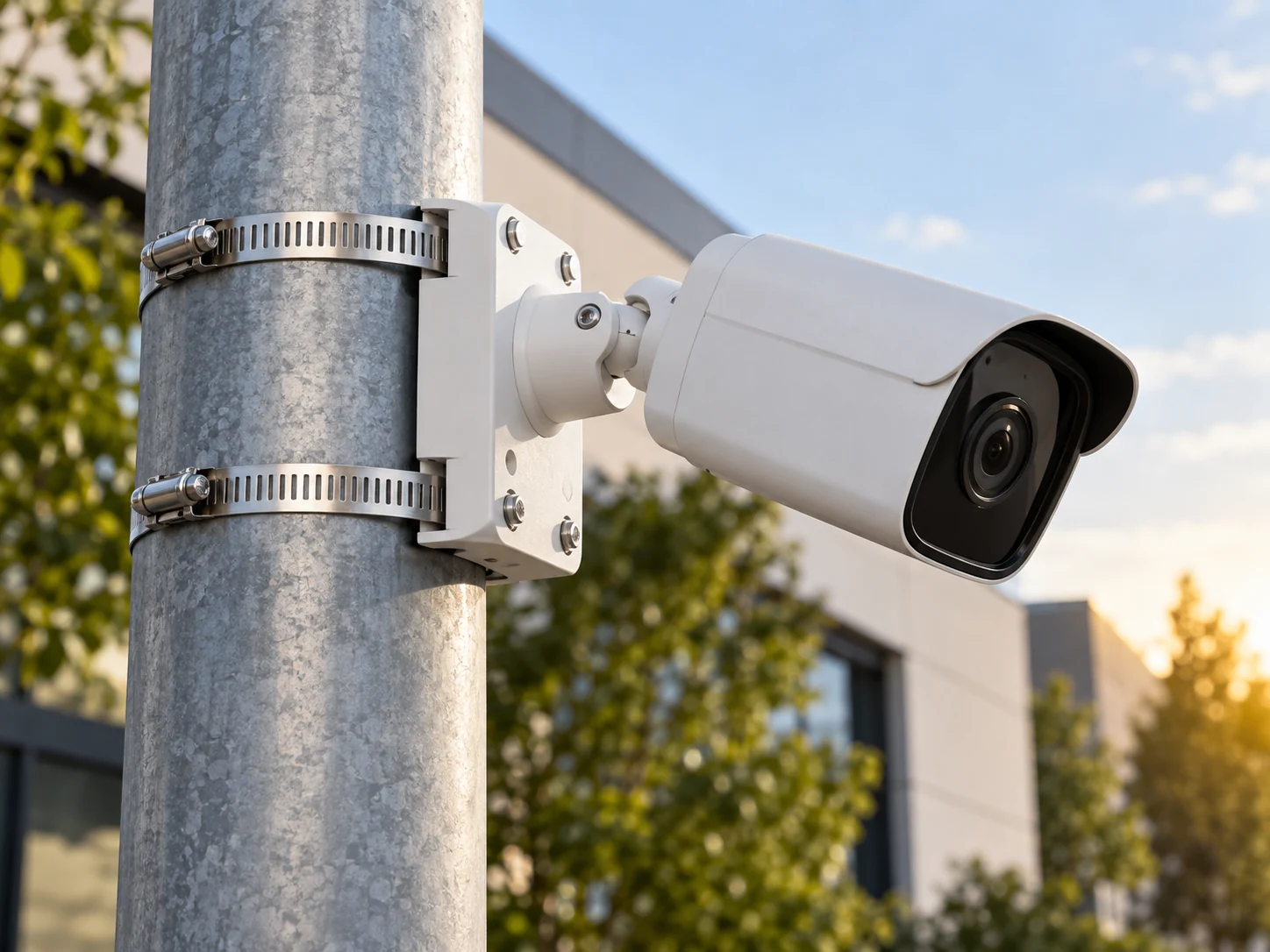 Feature illustration: Stainless band clamps securing a camera mount neatly around a round outdoor pole, close-up of believable hardware