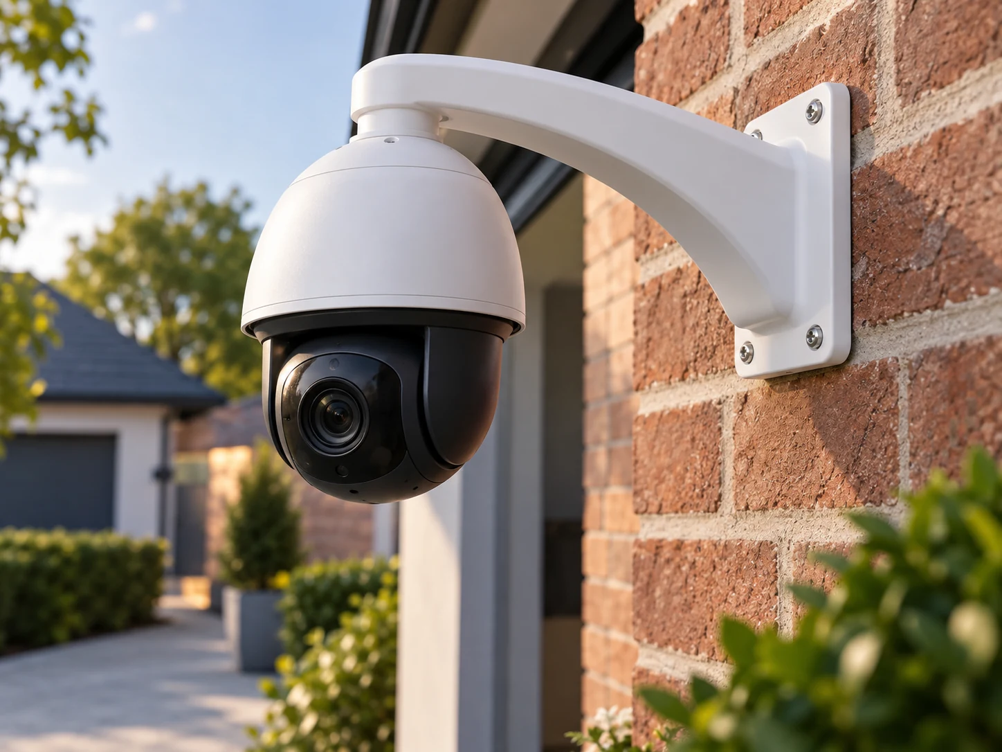 Feature illustration: White camera wall arm securely attached to brickwork, camera held clear of the wall with visible correct mounting geometry