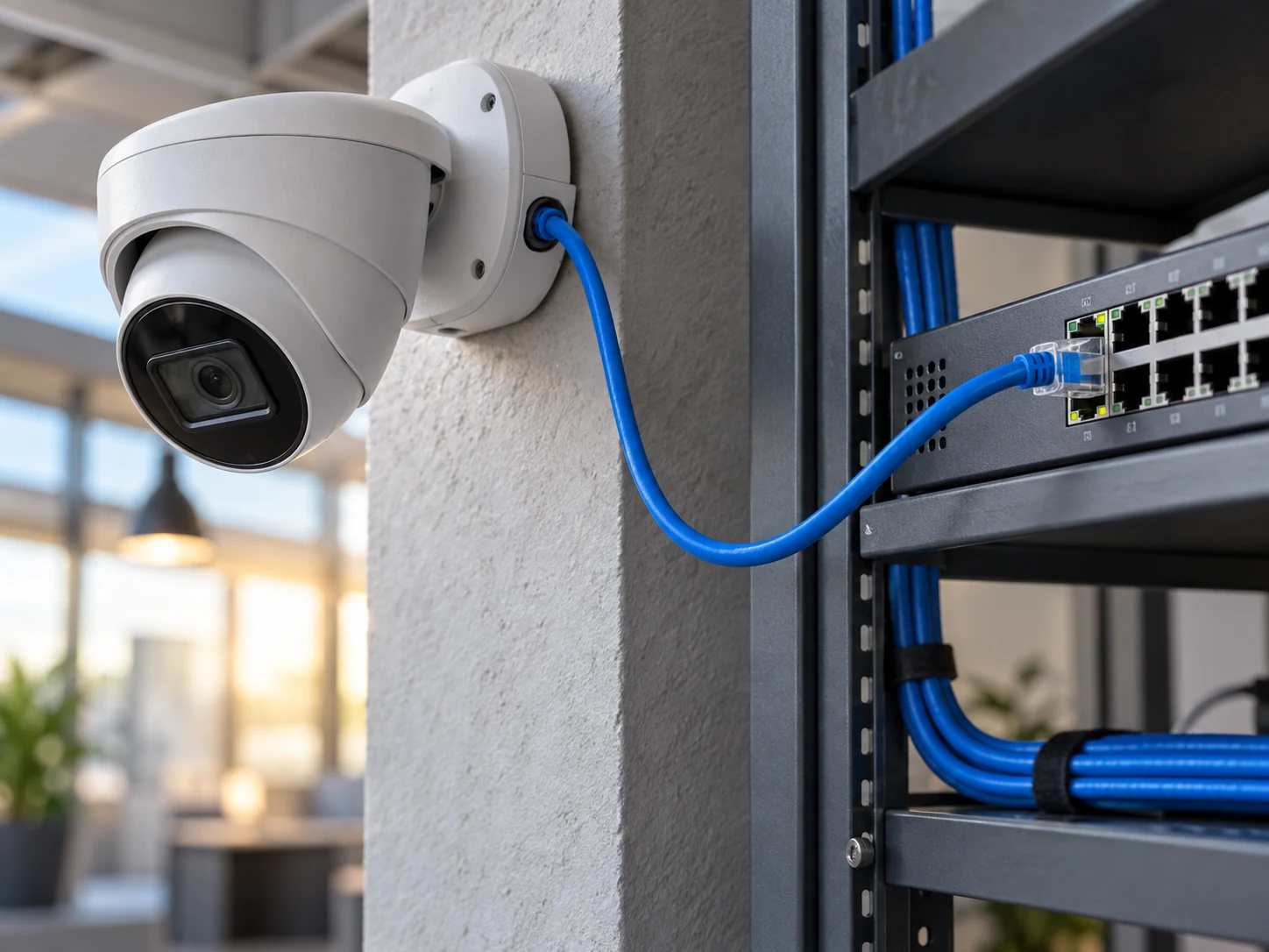 Feature illustration: A neatly routed Ethernet cable connecting an IP camera to a network switch, realistic RJ45 plugs and clean installation detail
