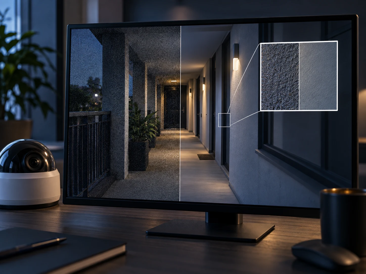 Noise reduction: A monitor compares a grainy and a clear view of the same hallway, with a magnified inset.