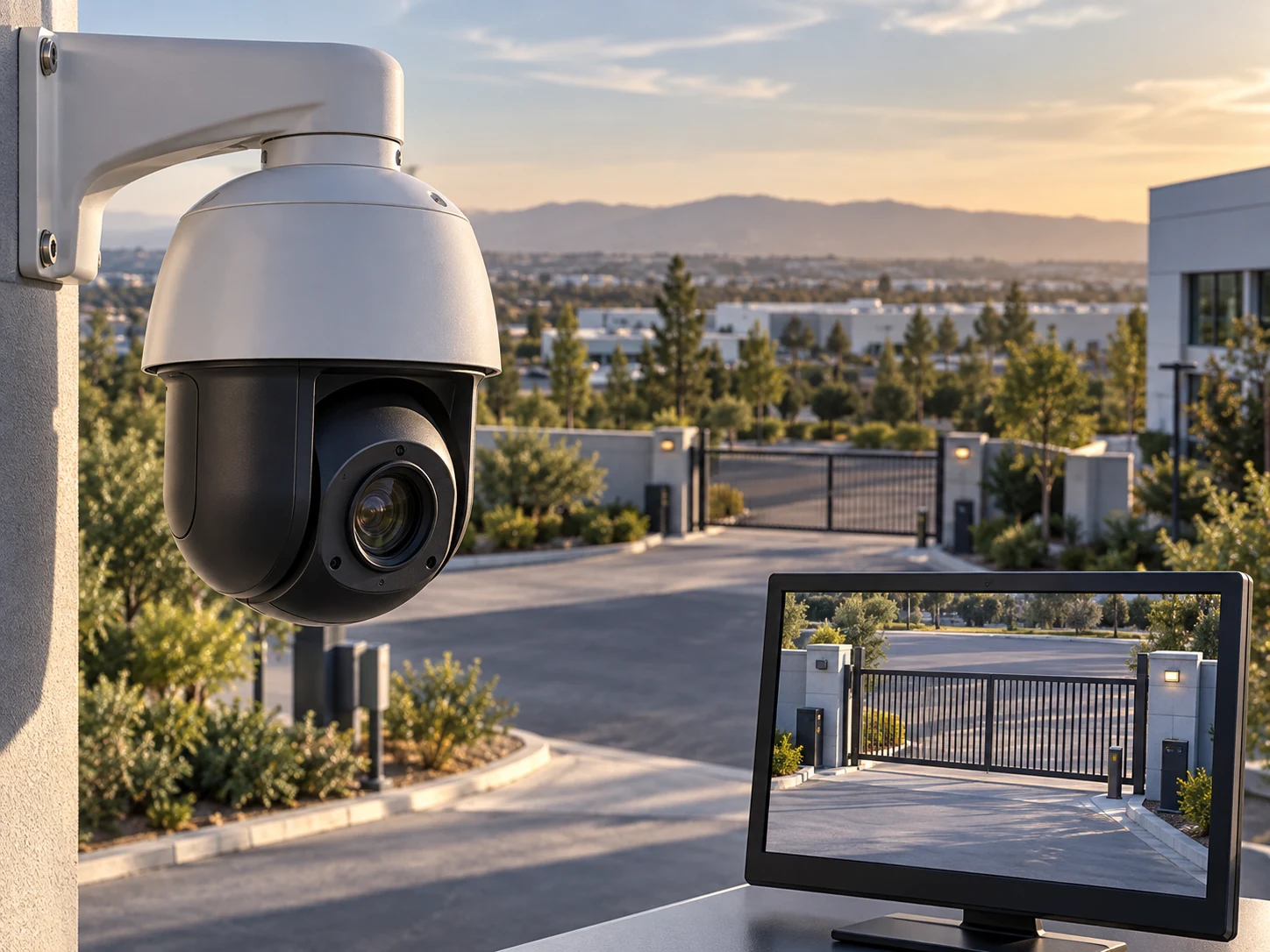 Optical zoom: A wall-mounted PTZ camera beside a monitor showing a zoomed-in view of a distant gate.