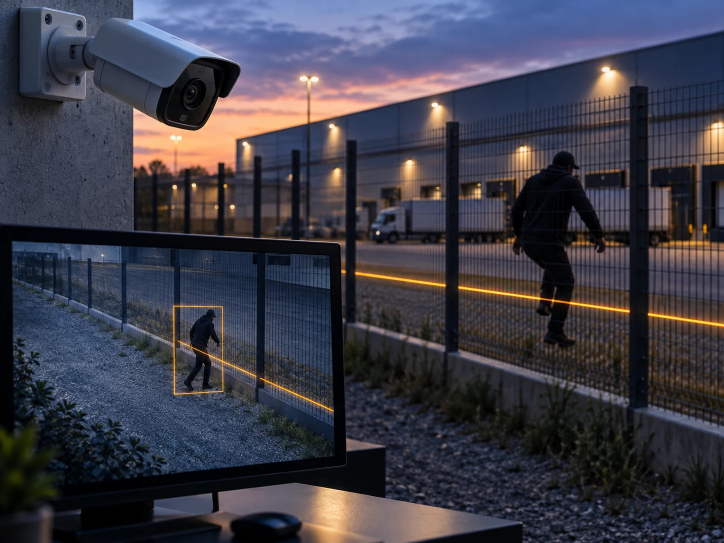 Perimeter detection: A camera watches a fence line at dusk while a monitor highlights a person crossing an amber line.