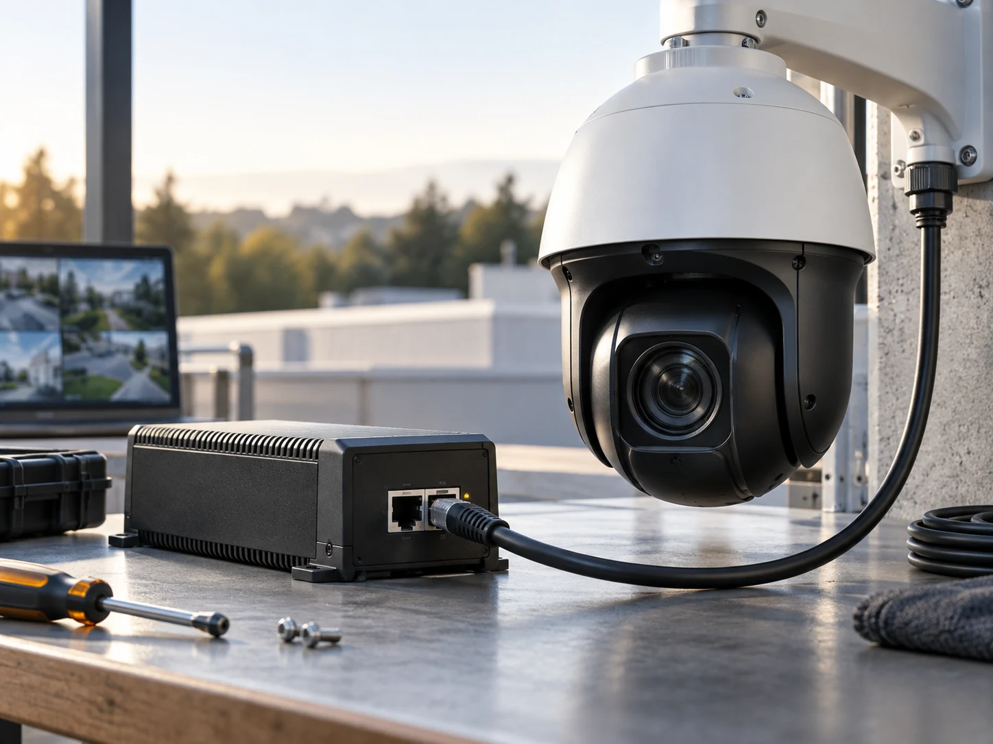 Feature illustration: High-power PoE injector and a large PTZ camera on a clean installation bench with a single Ethernet power/data connection, clear rugged connectors