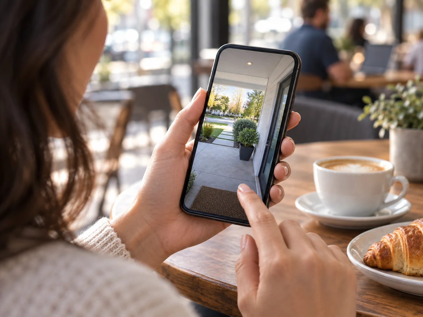 Remote viewing: A person in a cafe holds a smartphone showing a live view of a home entrance.