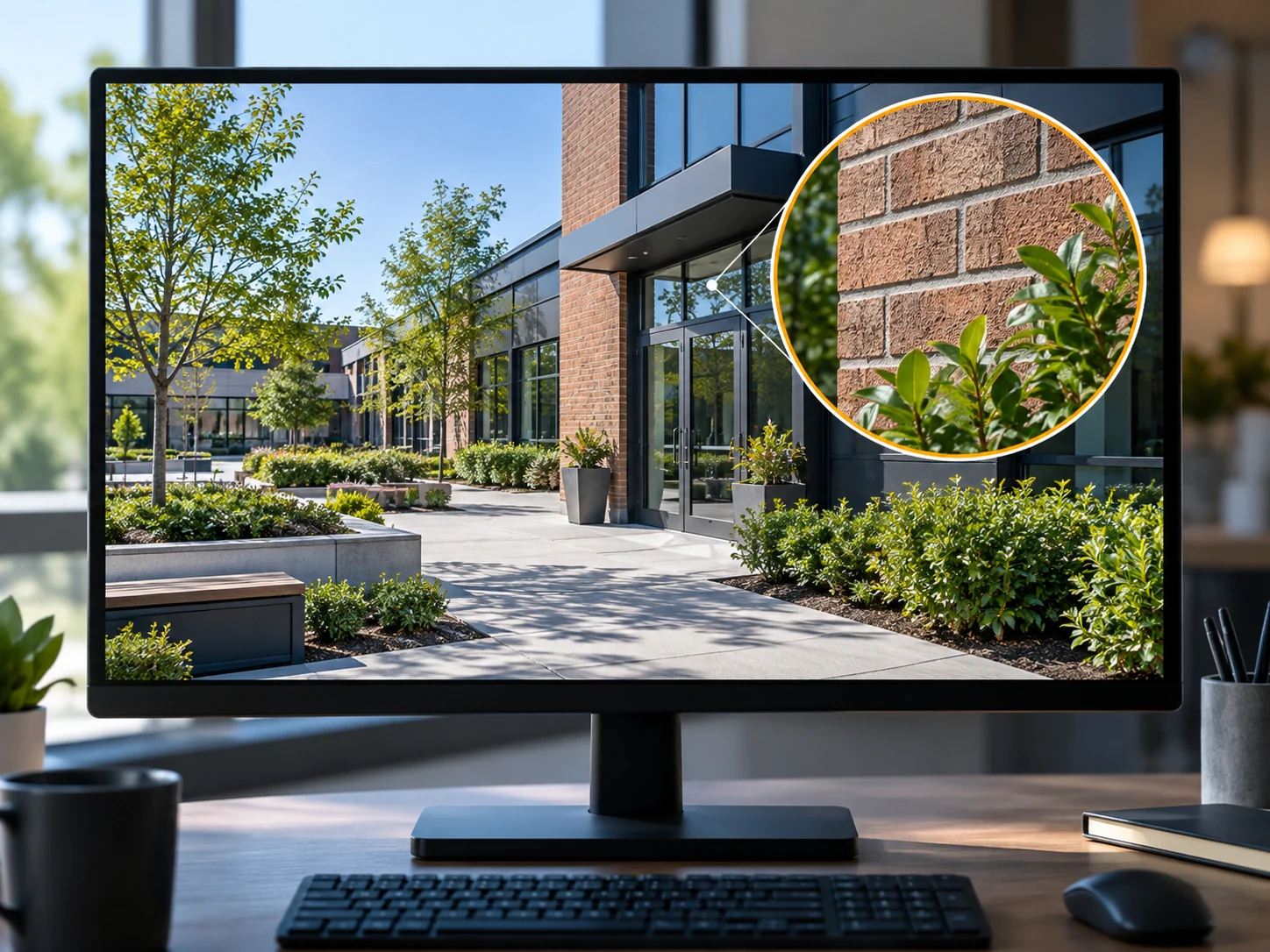 Resolution: A monitor shows a brick courtyard with a circular zoom inset revealing brick and leaf detail.