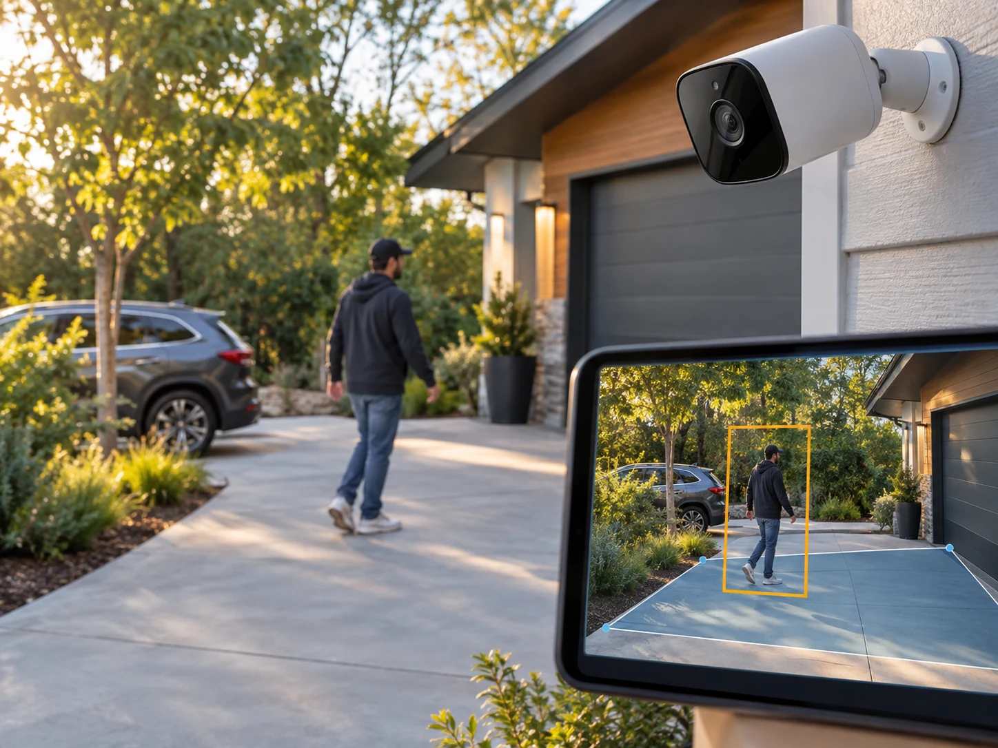 Smart motion detection: A camera watches a driveway while a tablet highlights a walking person with a yellow box.