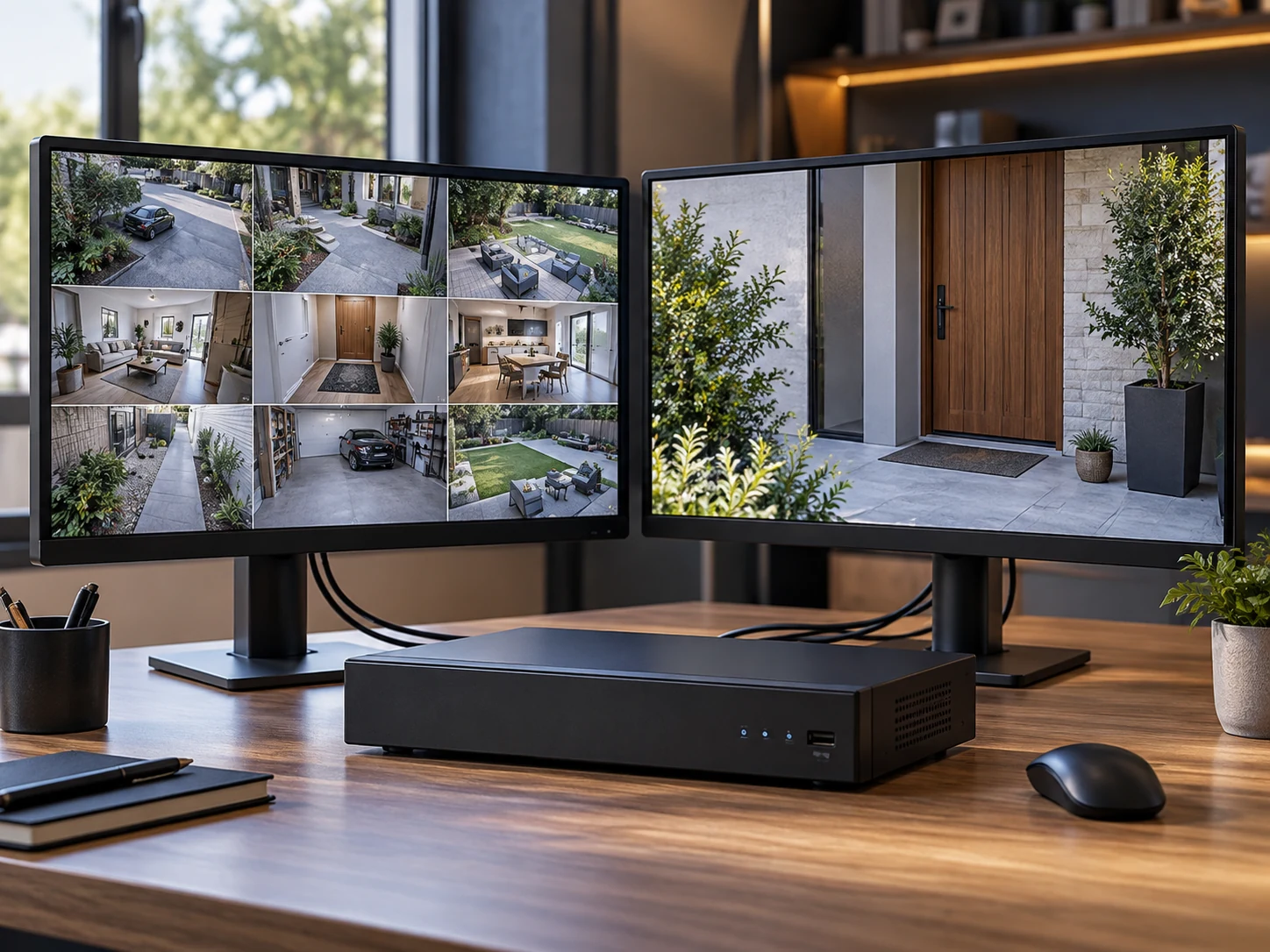 Feature illustration: Two high-resolution monitors connected to a compact recorder, one surveillance grid and one enlarged entry view, cabling neatly visible