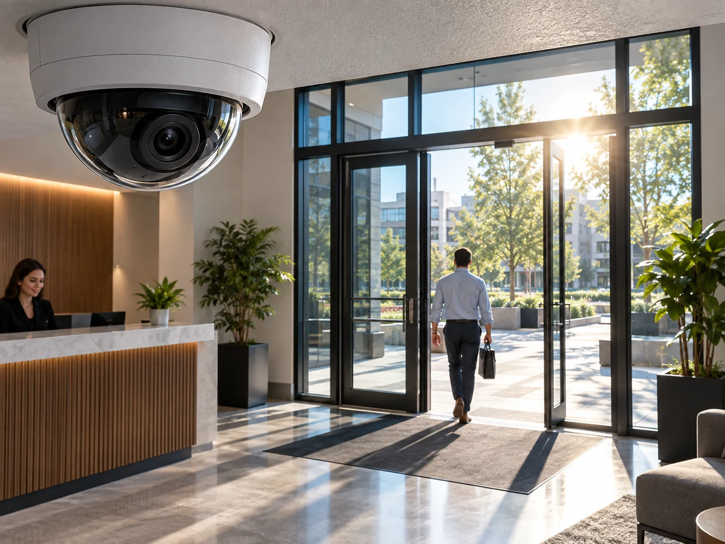 WDR: A lobby camera view shows both the reception desk and the bright, sunlit courtyard outside clearly.