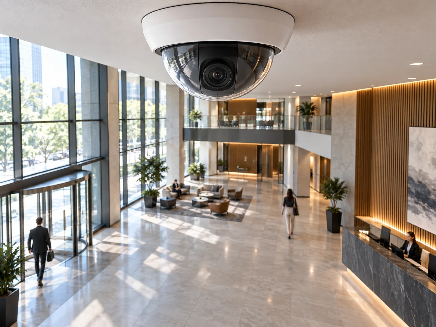 Feature illustration: Ceiling-mounted wide-angle dome camera in an expansive modern lobby, strong perspective makes the broad visible space clear